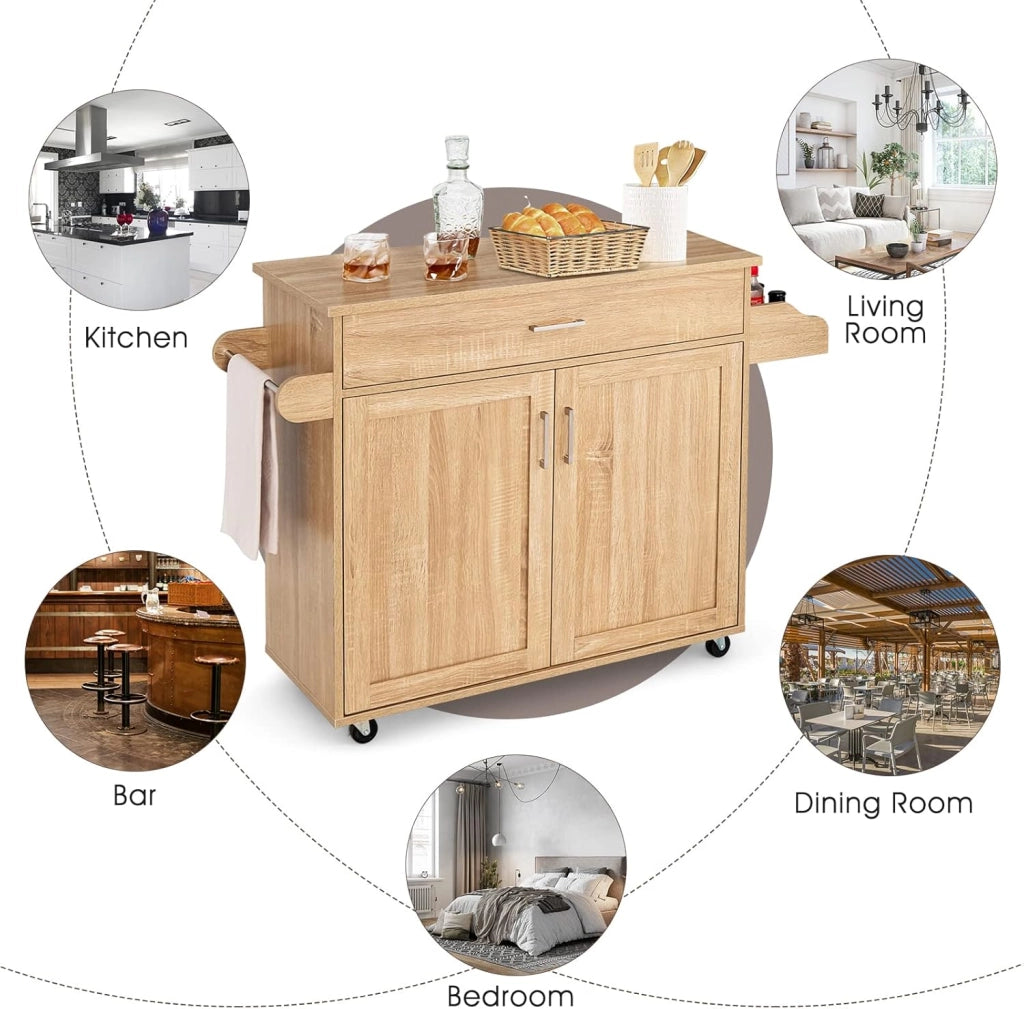 Carrello da Cucina, Credenza Mobile con Cassetto, Anta Doppia, Portaspezie e Portasciugamano, Ripiani Regolabili, Ruote con Freni, Portata di 50 kg, 116x40x85 cm, 4 Colori (naturale)