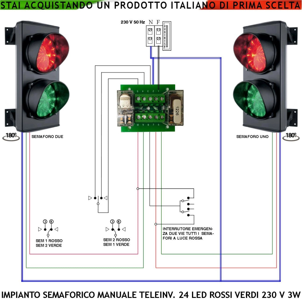 Impianto Semaforico Orientabile 180° Parcheggio 24 Led Rossi 24 Led Verdi Lente Ø 124 mm Alimentato 230 V 3 W IP65 Funzioni Teleinvertitore Gestito da Operatore Prenotazione Ingresso Uscita Condominio