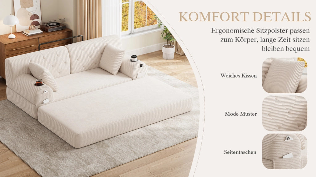 Divano letto 2 posti corduroy beige con schienale alto, tasche e porta bicchieri