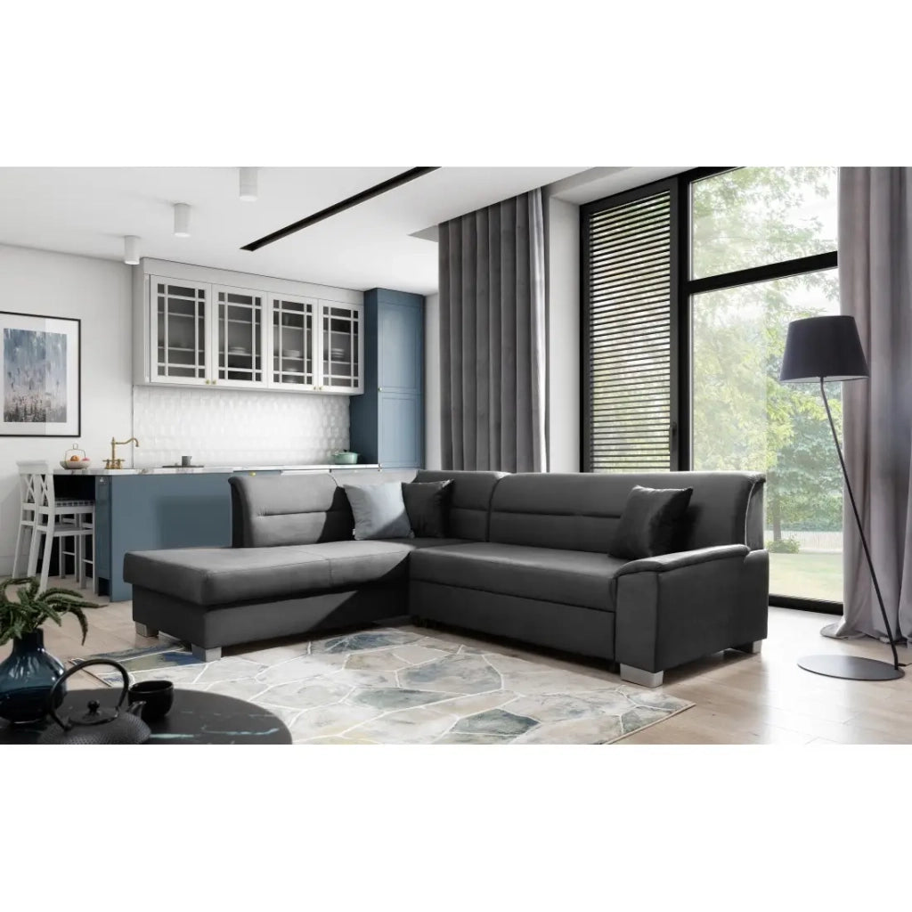 Divano letto angolare TROMSO grigio scuro effetto velluto – Angolo sinistro con contenitore