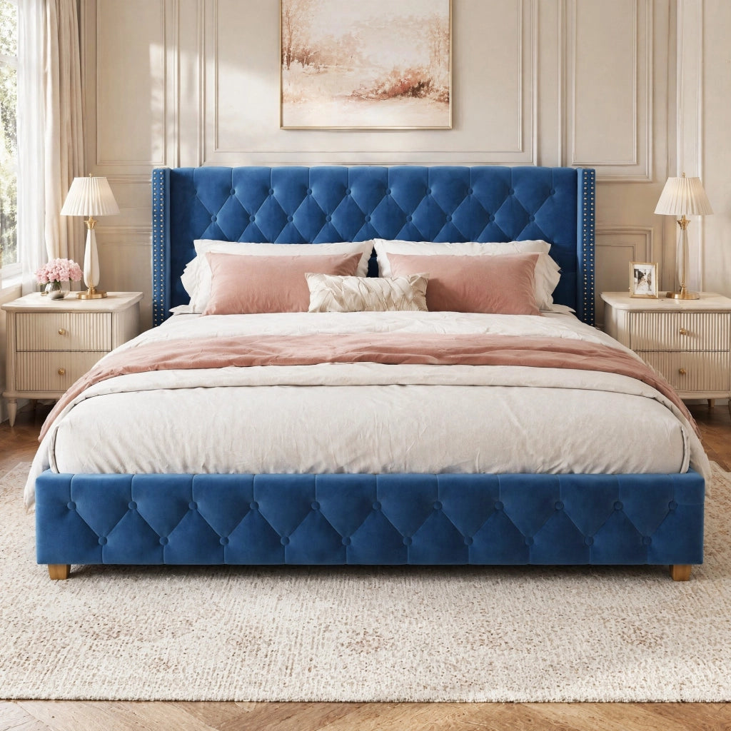 Letto imbottito 160x200 cm in velluto blu con testiera trapuntata e rete a doghe
