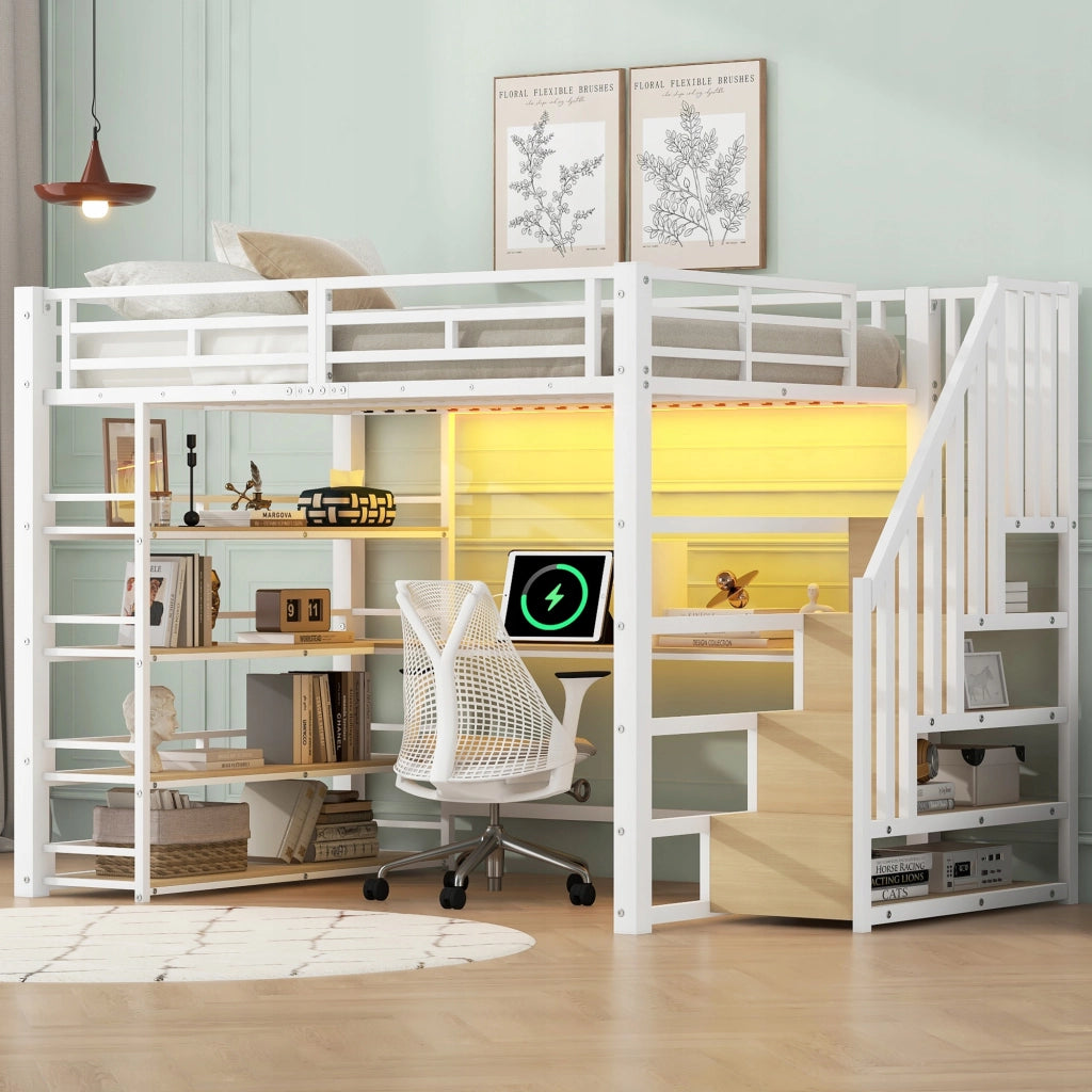 Letto a soppalco con scrivania - Xylo - 140x200 - Bianco - LED, USB, scale