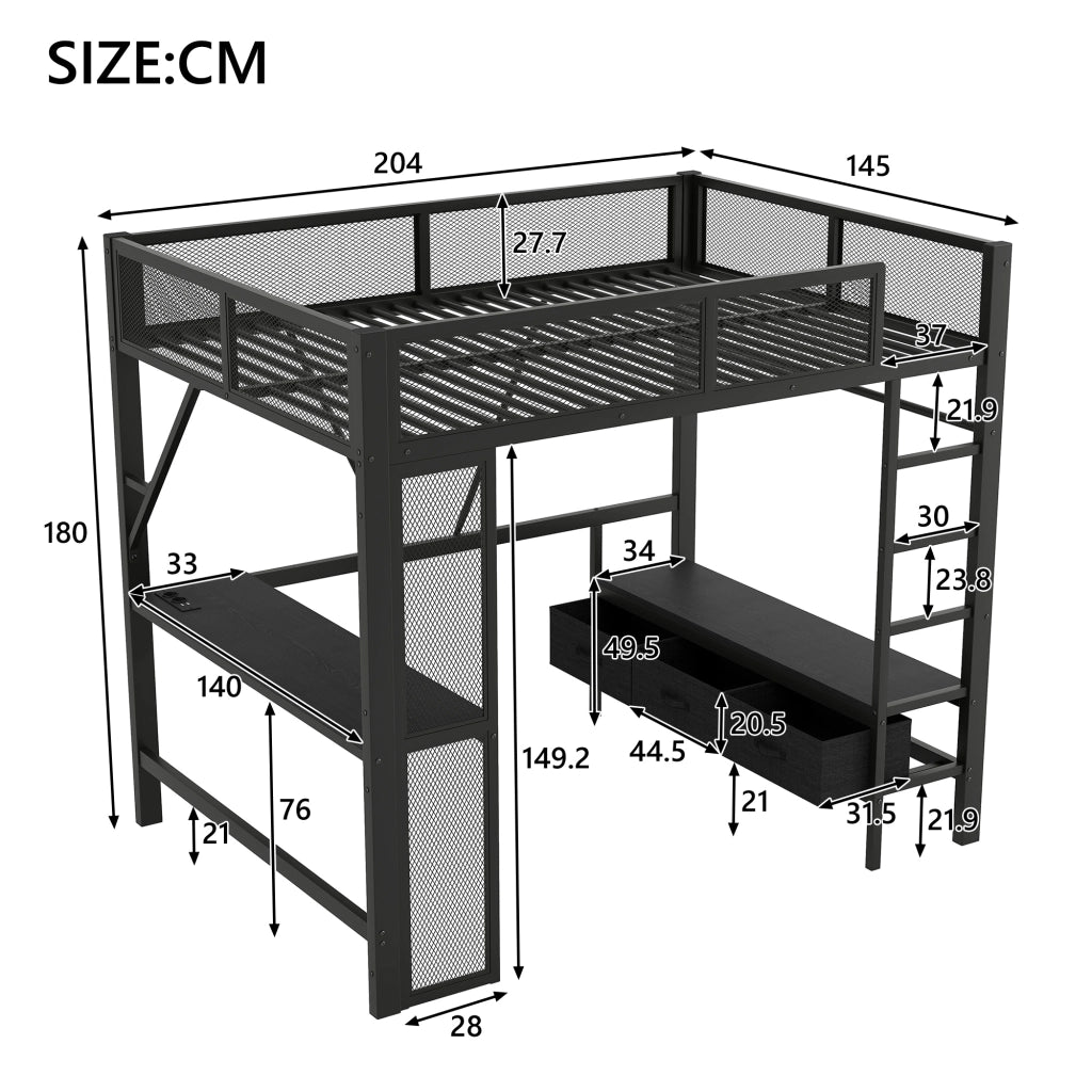Letto a castello in metallo e MDF nero con scrivania LED USB e cassetti 140x200 cm