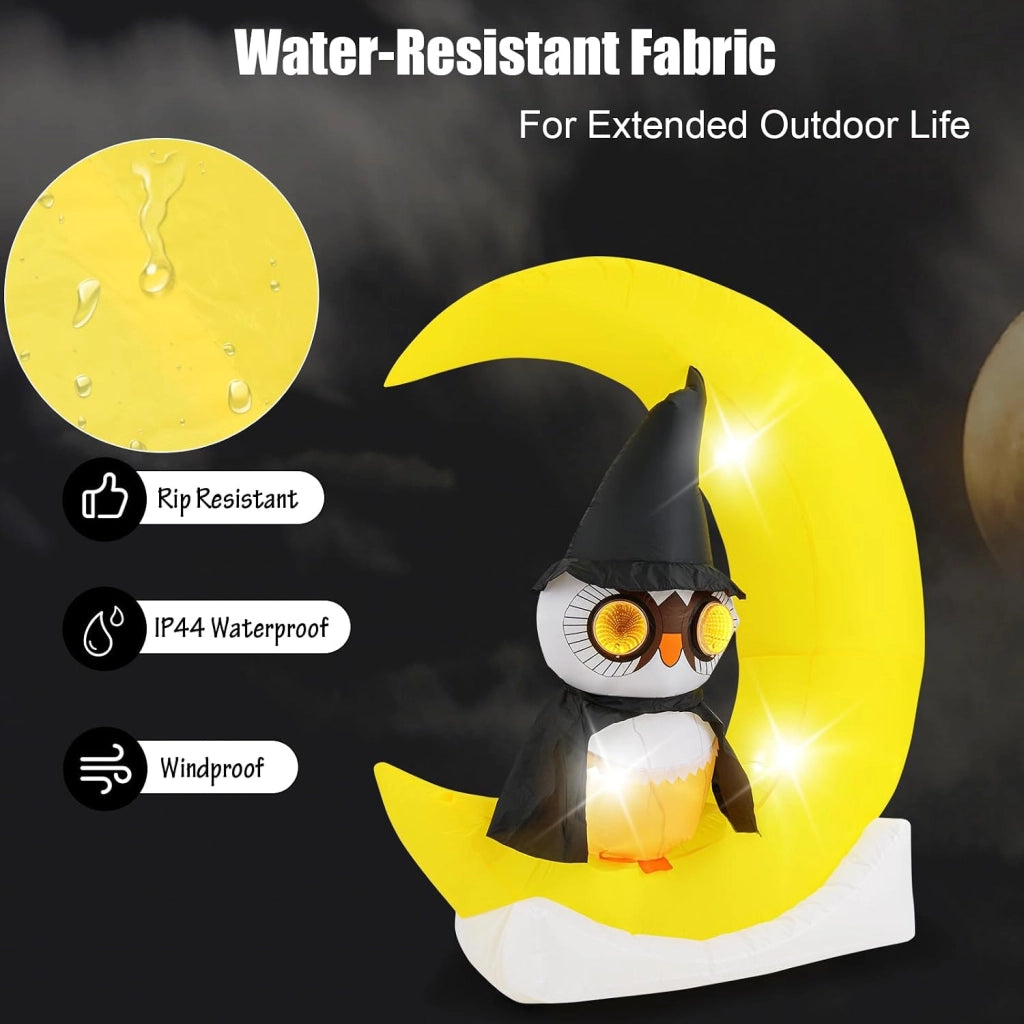 Decorazione Halloween, gufo decorativo con luna gonfiabile, 130 x 60 x 155 cm, 3 luci a LED e 2 grandi luci lampeggianti, soffietto incluso, decorazione per Halloween all'aperto e interni