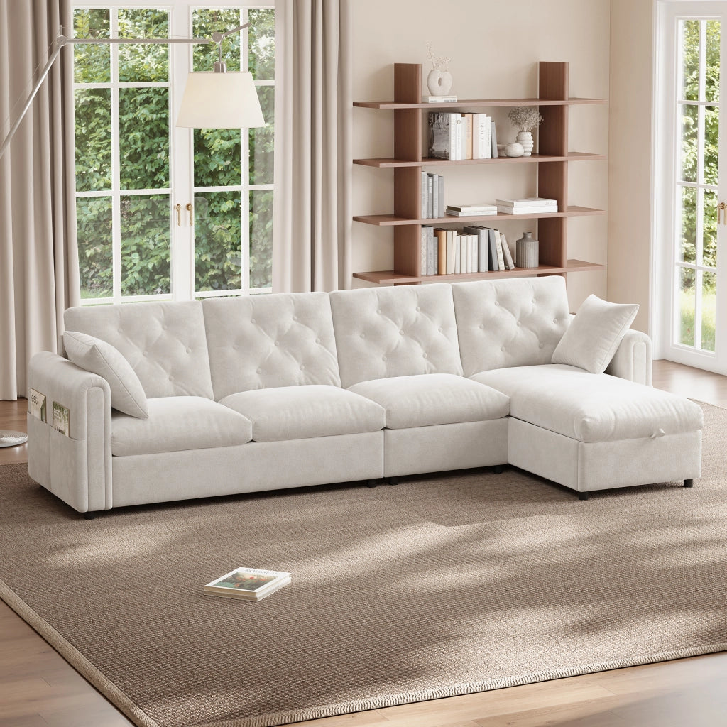 Divano angolare letto con contenitore e tasche laterali in velluto beige