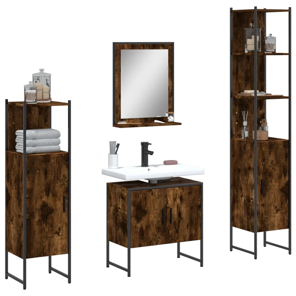 Set Mobili da Bagno | Armadio da bagno 4 pz Rovere Fumo in Legno Multistrato