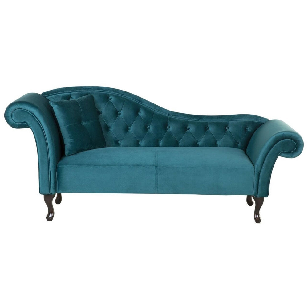 Chaise longue velluto verde acqua bottone trapuntato tappezzeria braccio arrotolato versione sinistra con cuscino