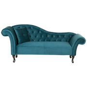 Chaise longue velluto verde acqua bottone trapuntato tappezzeria braccio arrotolato versione sinistra con cuscino