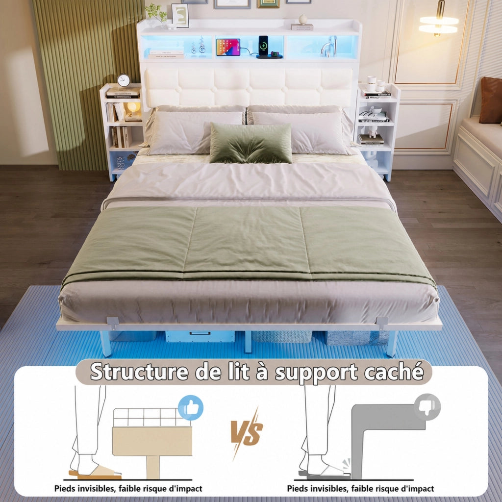 DESMIU Lit matrimoniale 140 × 190 cm con LED, USB, Type-C e 2 comodini, senza materasso, grigio
