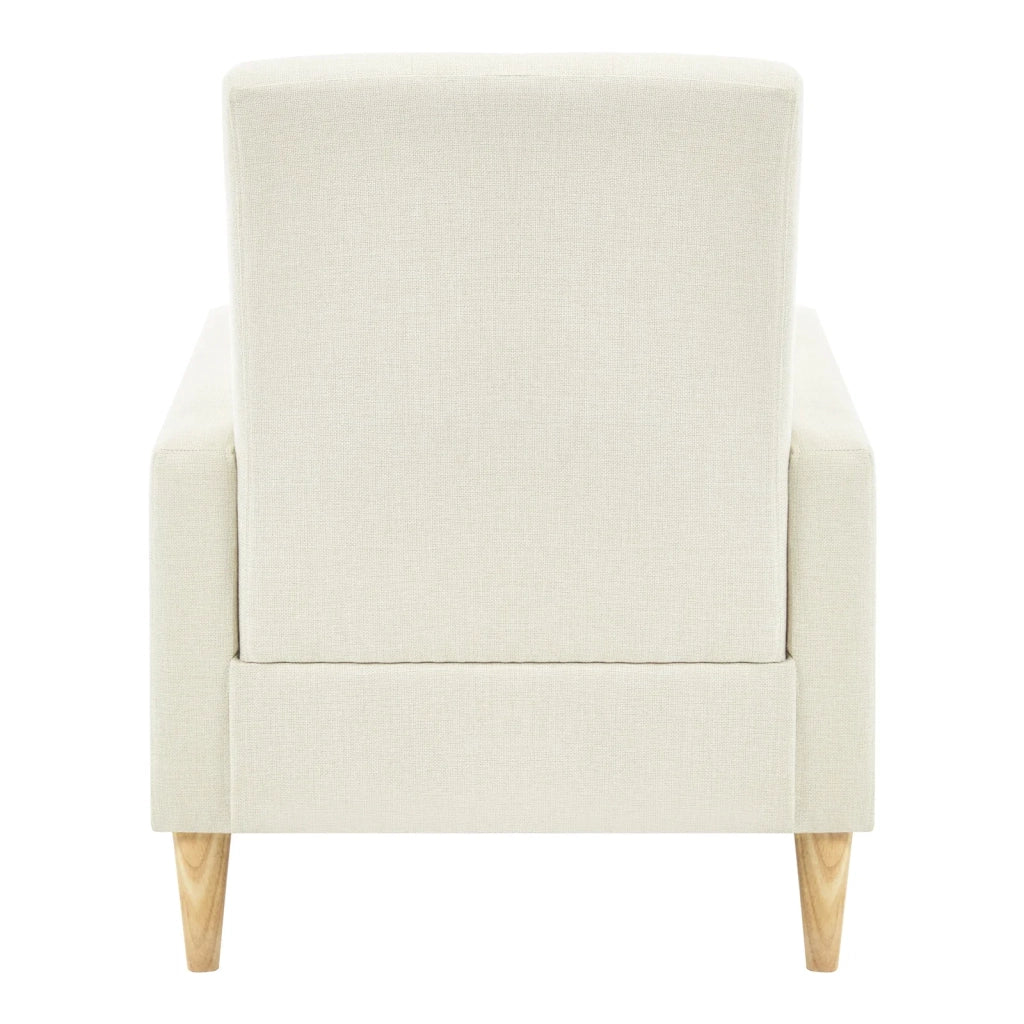 Poltrona imbottita in lino beige con schienale alto, braccioli e struttura in legno