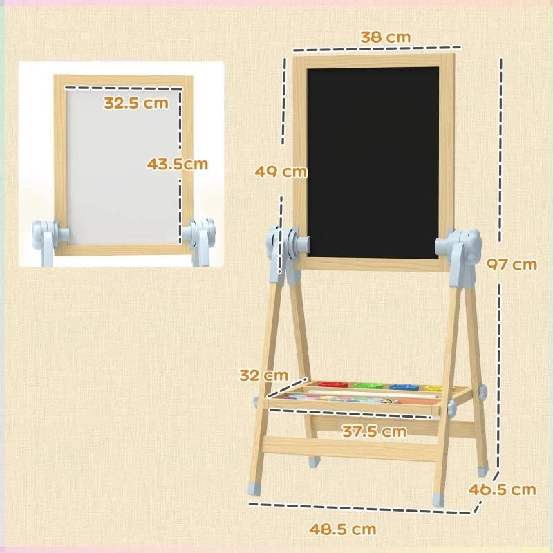 CAVALLETTO PER BAMBINI DOPPIA LAVAGNA PER GESSO E PENNARELLI, LAVAGNETTA MAGNETICA E ROTOLO DI CARTA, LEGNO