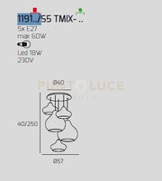SOSP. BIANCO 5 LUCI TONDA VETRI (1 PICCOLO AM + 1 PICCOLO RU + 1 PICCOLO ZA + 1 GRANDE AM + 1 GRANDE RU) 1191BI-S5 TMIX-MC