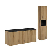 Set da bagno sospeso VANO effetto rovere e nero 170cm: mobili sotto lavabo con armadietti + piano per lavabo + colonna
