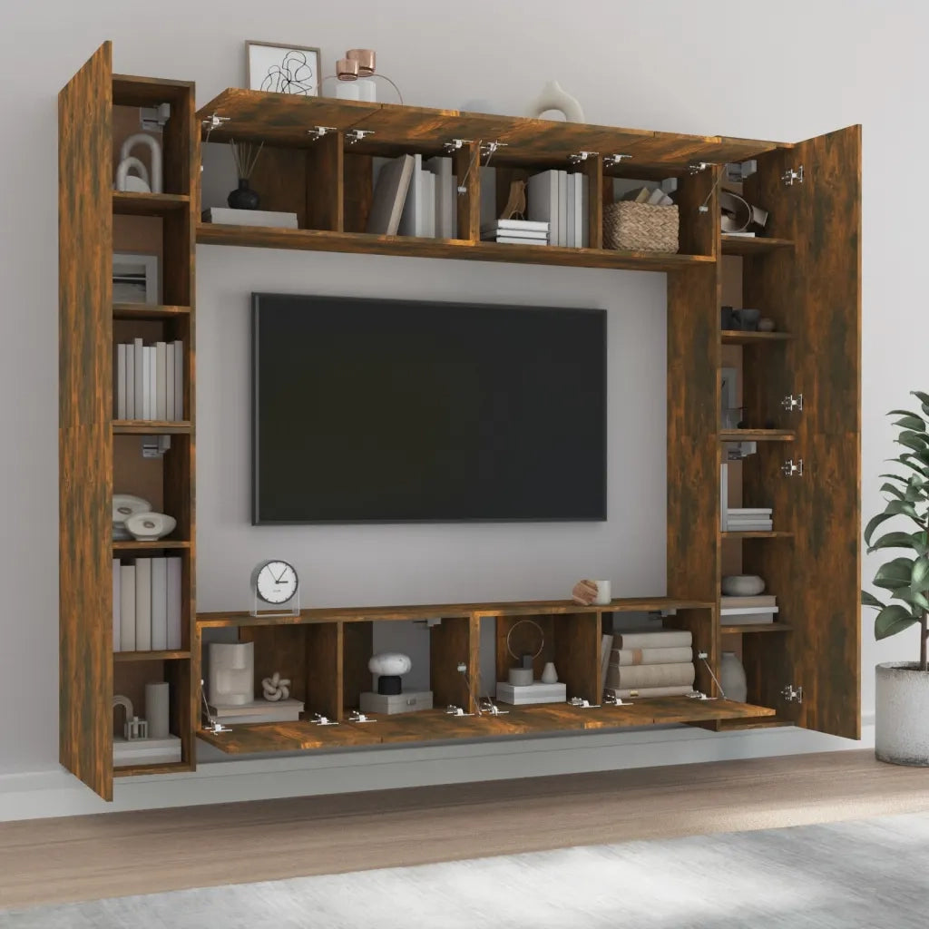 Set Mobili Porta TV 8pz | Armadietto TV | Mobile Porta TV Rovere Fumo in Legno Multistrato