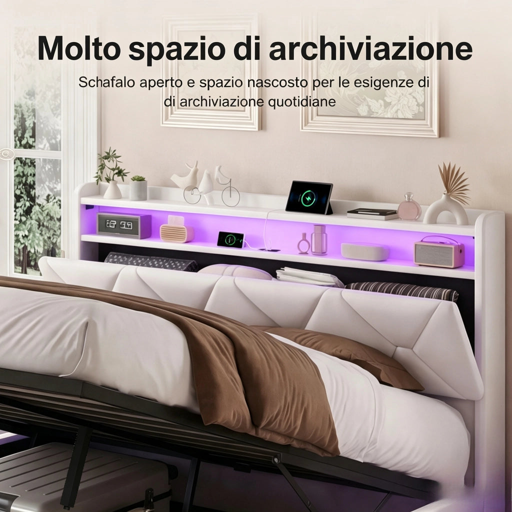 Letto una piazza e mezza 140x200 cm con contenitore LED USB Type-C testiera rete a doghe tessuto - beige