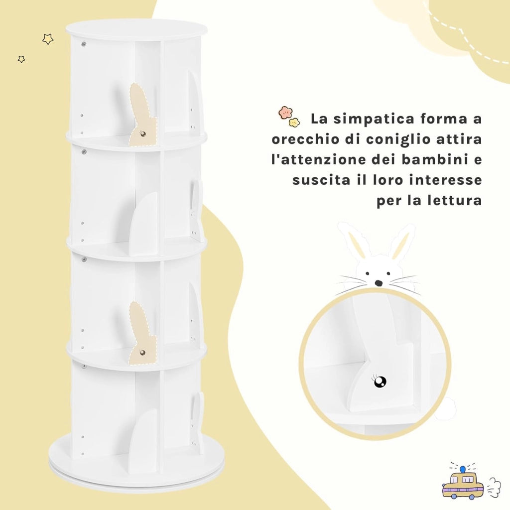 Libreria per Bambini Rotante, Libreria Girevole a 4 Livelli, Porta Libri per Soggiorno, Studio, Ufficio, Scaffale in Legno Autoportante