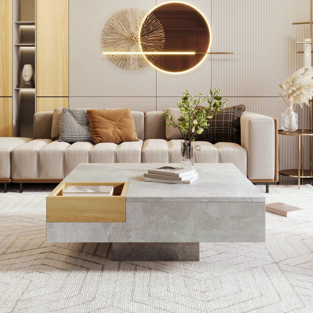 TAVOLINO DA CAFFÈ 72x72x30 cm Grigio cemento e colore legno con contenitore rimovibile