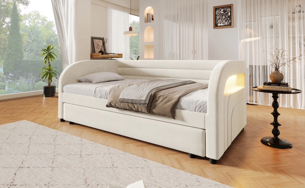 DESMIU Letto singolo 90 × 200 cm con letto estraibile e luce LED, senza materasso, in flanella beige