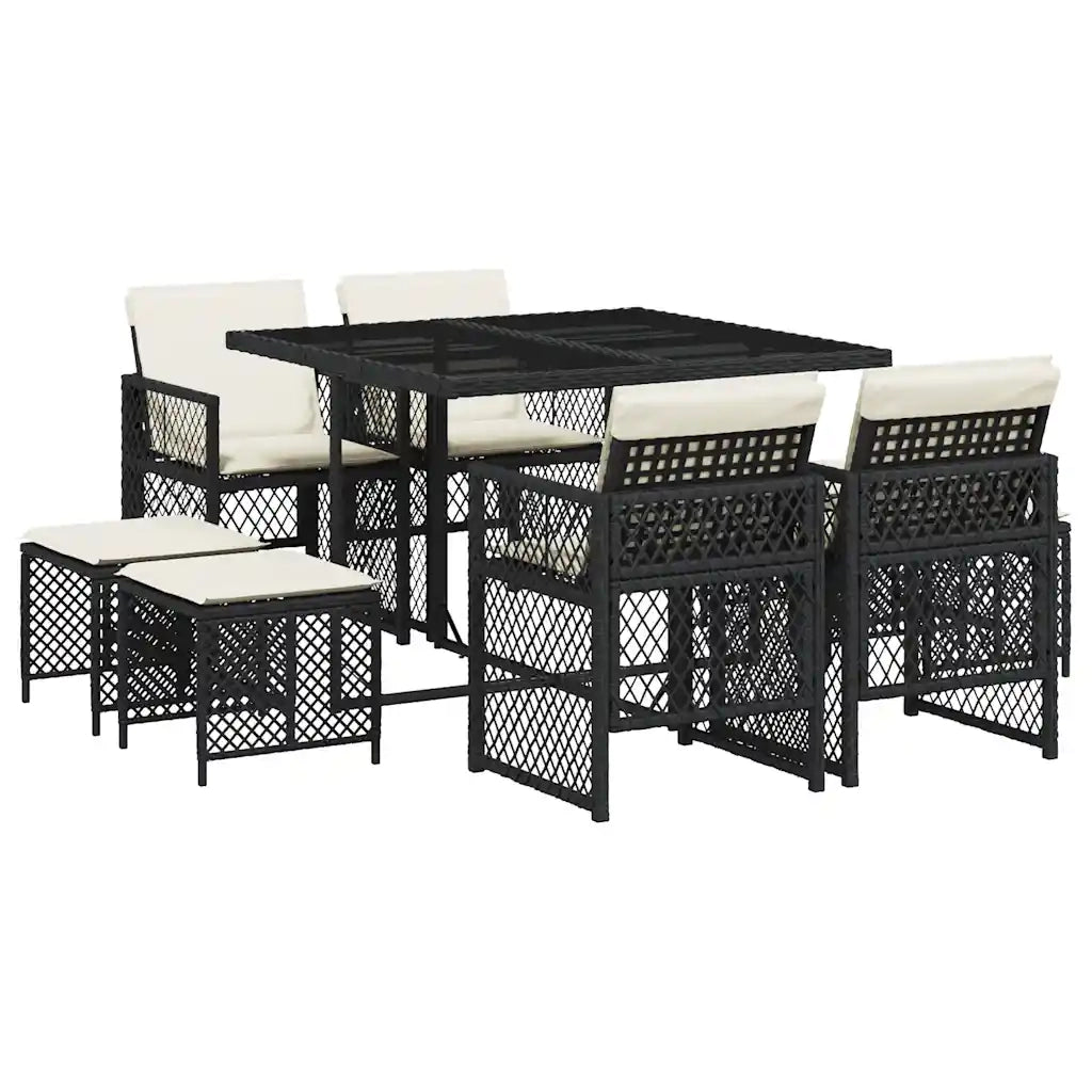 Set da Pranzo da Giardino 9 pz | Set Salotto da Giardino con Cuscini Nero in Polyrattan