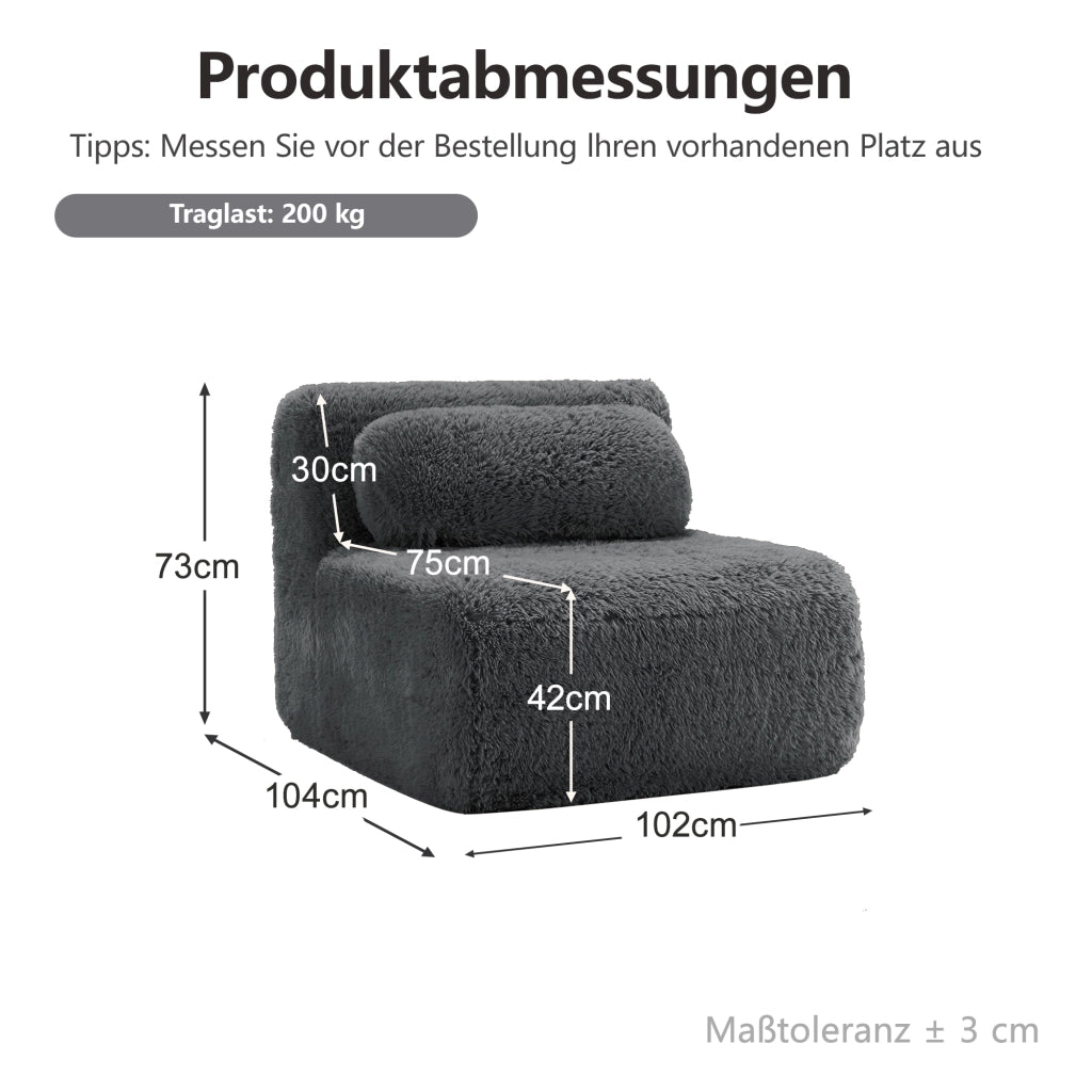 Canapé modulare senza braccioli con cuscino e pouf collegabile in tessuto peluche grigio per soggiorno ampio
