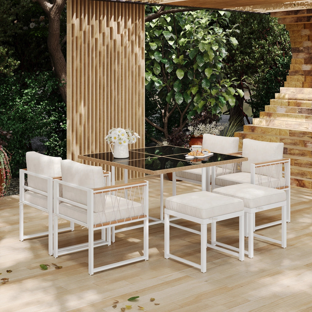 Salotto da Giardino con 1 Tavolo Quadrato; 4 Poltrone e 2 Poggiapiedi; per 6 persone; Legno di Acacia; Rattan e Metallo; Naturale e Bianco
