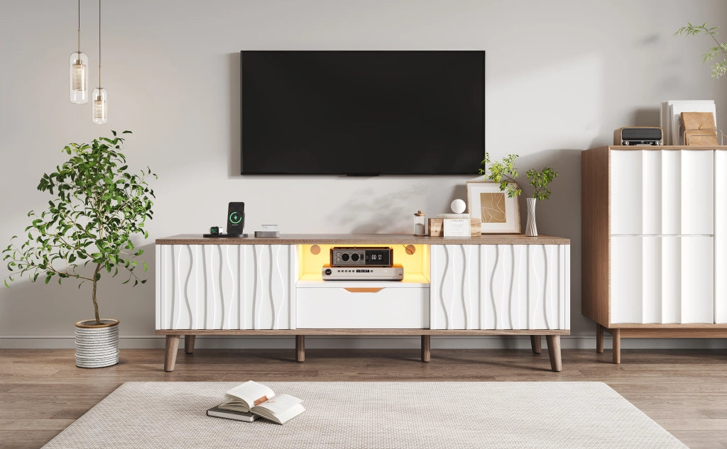 Cassettiera per TV bianca e noce scuro in MDF e truciolare; lunghezza 160 cm