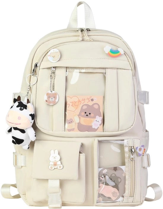 Zaino Kawaii con accessori a pin carini, pin di orsetto Kawaii e cartolina di cartoon, zaino Kawaii, zaino scolastico (stile 2 - bianco)