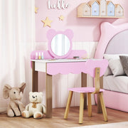 Tavolino da trucco per bambini con sgabello, specchio a forma di orsetto, cassetto, MDF, rosa