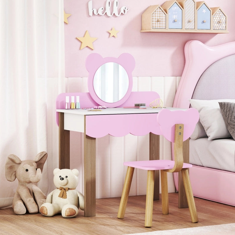 Tavolino da trucco per bambini con sgabello, specchio a forma di orsetto, cassetto, MDF, rosa