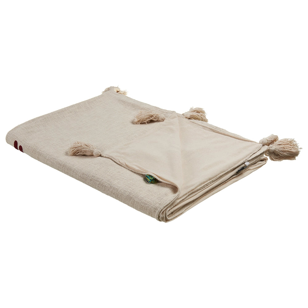 Coperta in cotone beige e marrone 130 x 180 cm copriletto in ricamo fatto a mano con motivo lama accogliente con nappe