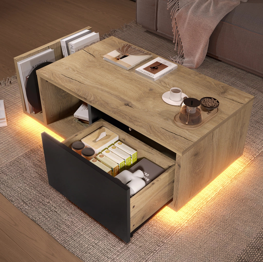 Tavolino contenitore retro con LED 99;5x53x38 cm in legno ingegnerizzato e metallo; naturale