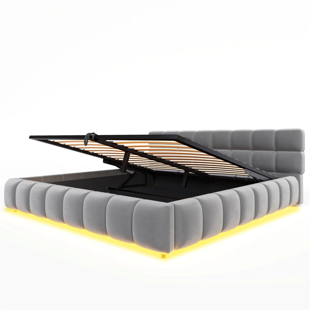 Letto imbottito 180x200 cm in velluto grigio con LED, contenitore idraulico e rete a doghe