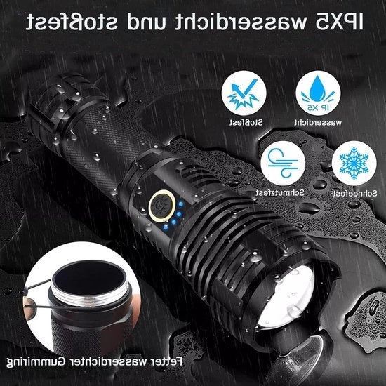 Lanterna 90.000 lumen IPX67 impermeabile caricabile via USB 5 modalità di illuminazione zoomabile XHP70.2 - campeggio escursioni emergenze batteria 26650 classe energetica
