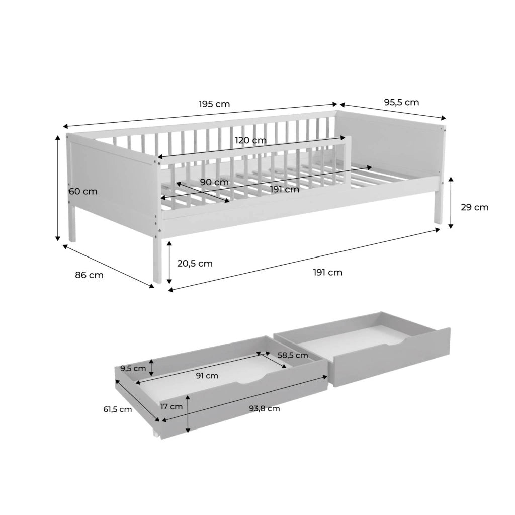 Letto nido per bambini 190cm in pino naturale con rete a doghe e