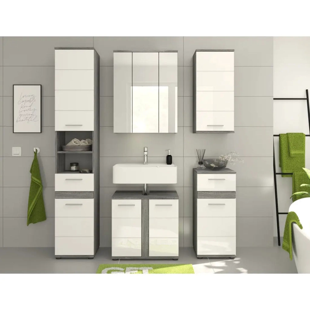 Set di mobili da bagno WILLIAM – Grigio scuro e bianco – 164x191x34 cm – 6 porte, 2 cassetti