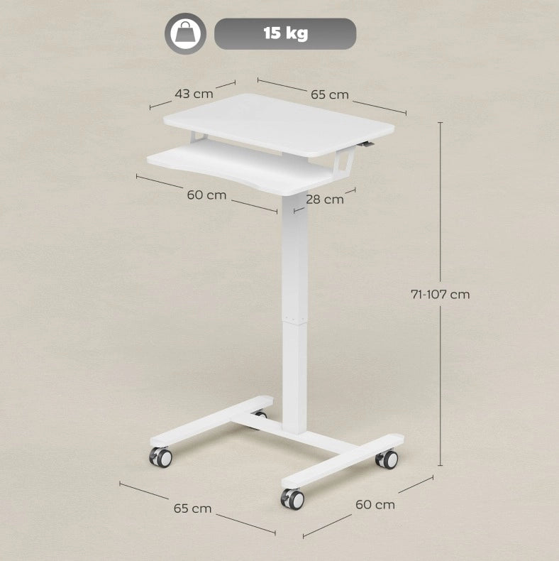 Scrivania sit-stand 65x60 cm bianca， altezza regolabile， con ruote