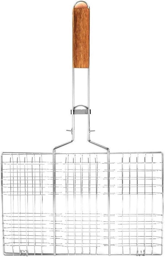 Accessorio barbecue professionale per pesce, verdure, bistecca - maniglia in legno.