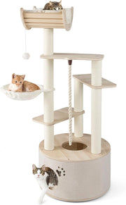 Albero per Gatti Alto 141 cm, Tiragraffi per Gatti in Plywood con Condo, Posatoio Curvo, Amaca, Tiragraffi, Pallina e Corda Appesi e Cuscini in Pile Lavabili, 55 x 55 x 141 cm