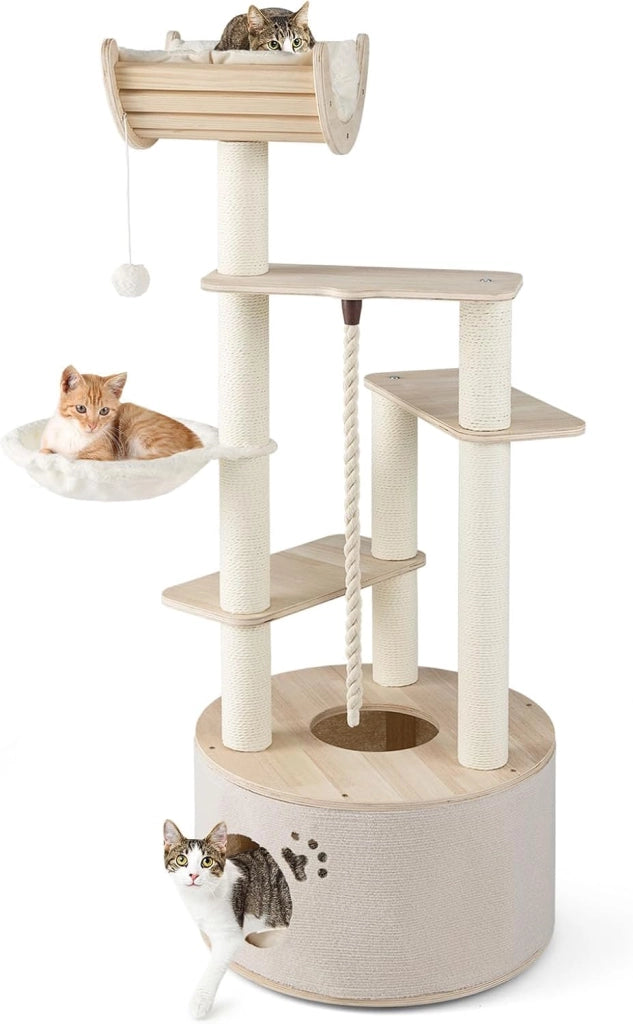Albero per Gatti Alto 141 cm, Tiragraffi per Gatti in Plywood con Condo, Posatoio Curvo, Amaca, Tiragraffi, Pallina e Corda Appesi e Cuscini in Pile Lavabili, 55 x 55 x 141 cm