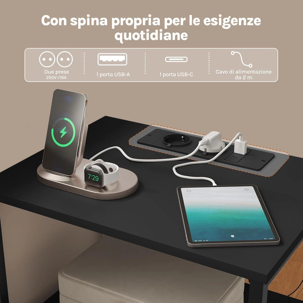 set 2 Comodini con Prese di Corrente, Tavolini con Luce LED, 2 Cassetti in Tessuto e Ripiani Aperti, Comodini Smart Nero, per Soggiorno, Camera da Letto e Ufficio, Metallo + MDF, NTS27sz-2
