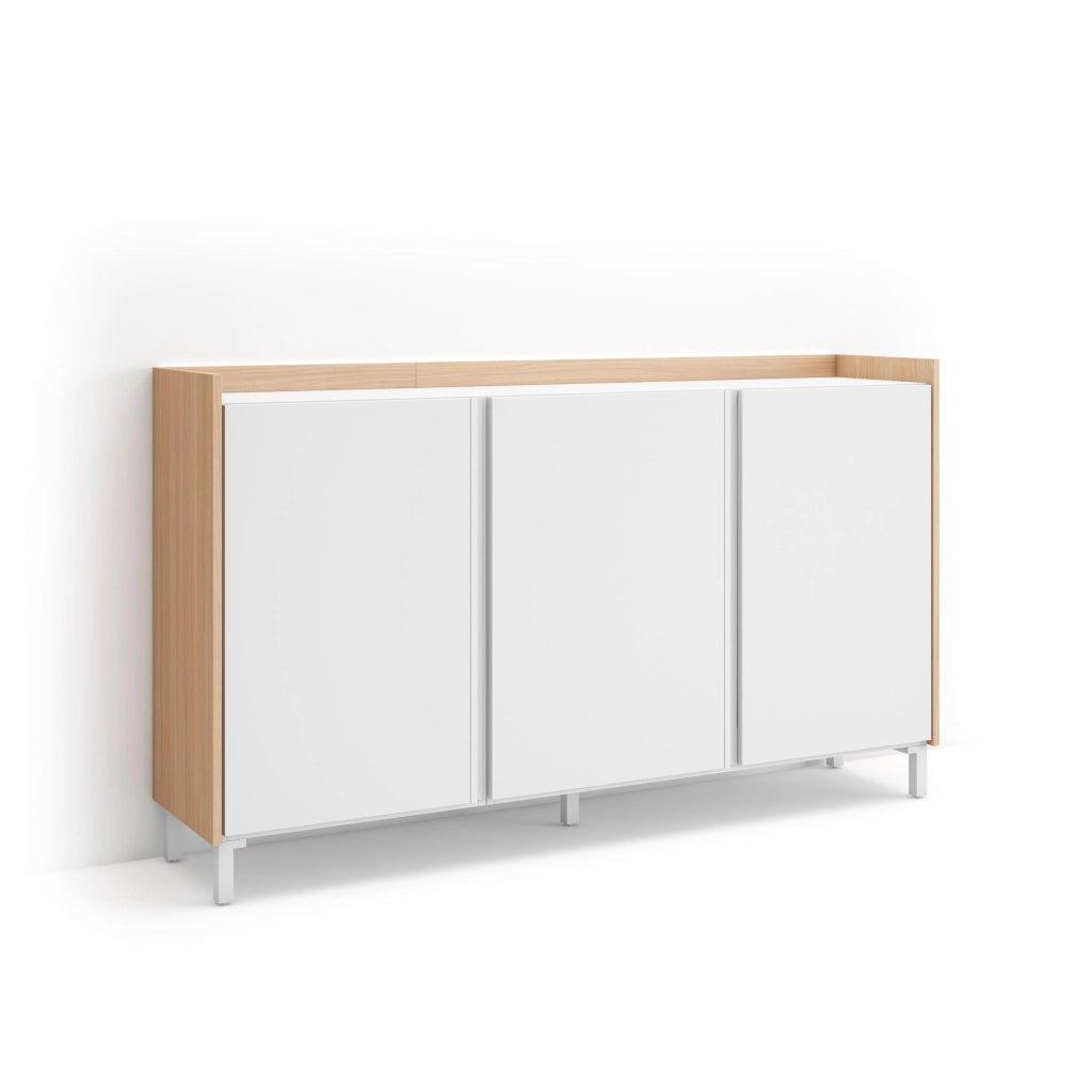 Credenza, Mobile, Cucina, 156x91x35 cm, 3 Porte, Design industriale, LED, Bianco e Rovere soft