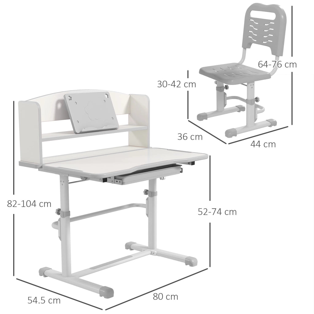 Banco Studio Scuola per Bambini 80x54,5x104 cm con Sedia Regolabile e Piano Inclinabile Grigio