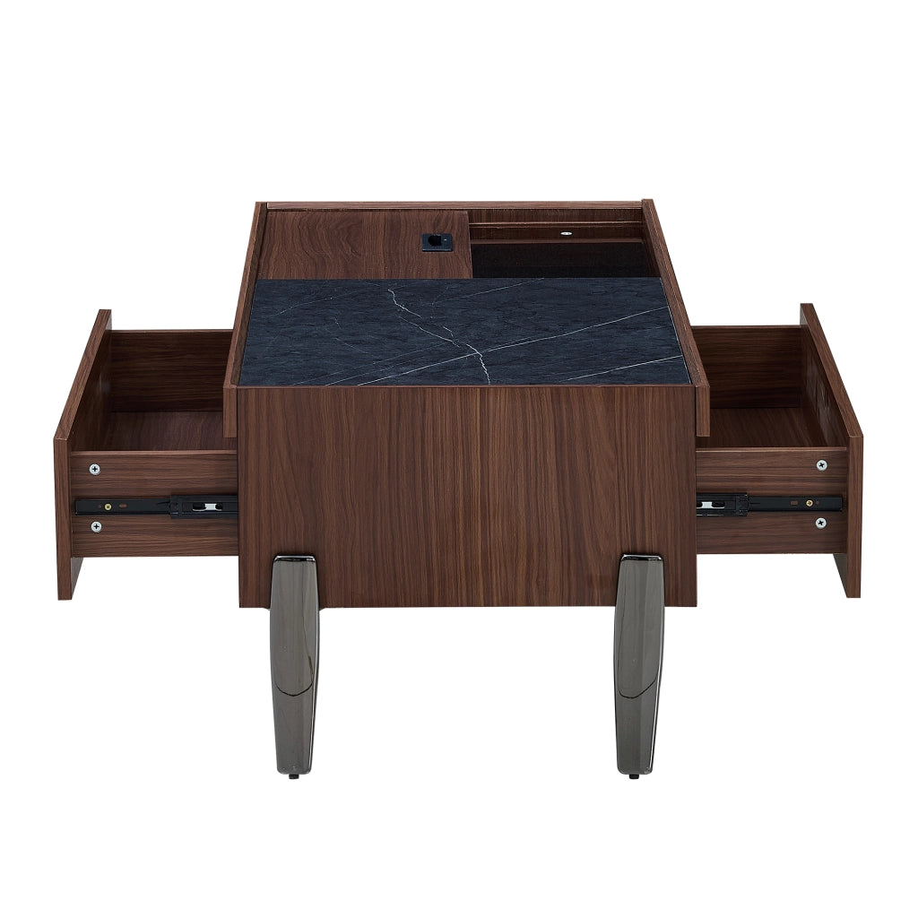 Tavolino da Caffè con 2 Cassetti; Piano Scorrevole e Piano in Vetro; Stile Industriale; in MDF; 105×50×41;5 cm; Marrone