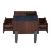 Tavolino da Caffè con 2 Cassetti; Piano Scorrevole e Piano in Vetro; Stile Industriale; in MDF; 105×50×41;5 cm; Marrone