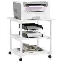 Carrello Porta Stampante a 3 Ripiani con 4 Ruote, Legno e Acciaio, 50x50x52.5cm, Bianco
