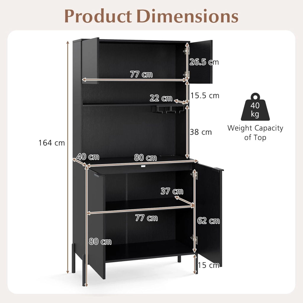 Armadio da cucina con piano di lavoro, armadietto a buffet con stazione di ricarica, buffet da cucina con porta bicchieri da vino e scaffale regolabile, multiuso, 80 x 40 x 164 cm