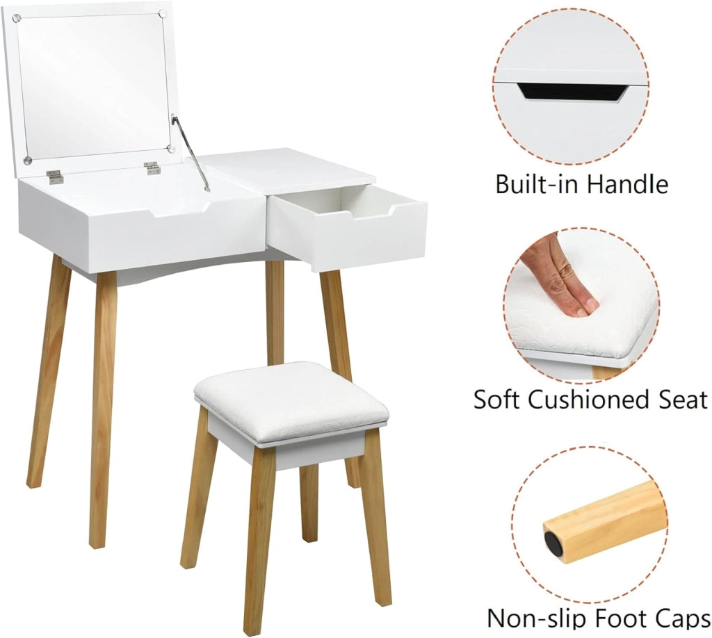 Tavolo da toeletta con sgabello e specchio pieghevole, in legno con cassetto, facile da montare per camera da letto, bagno, bianco