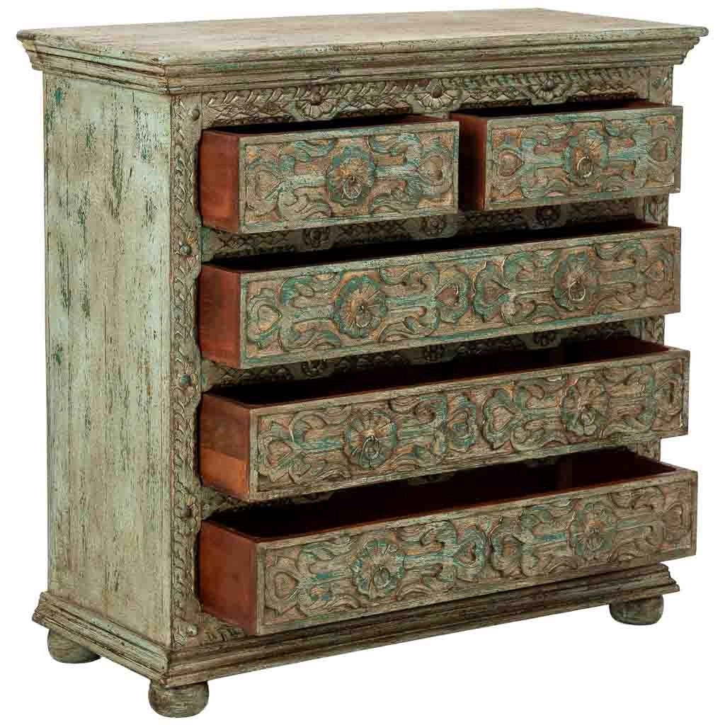 Cómoda de madera artesanal con 5 cajones azul 100x43x95h cm