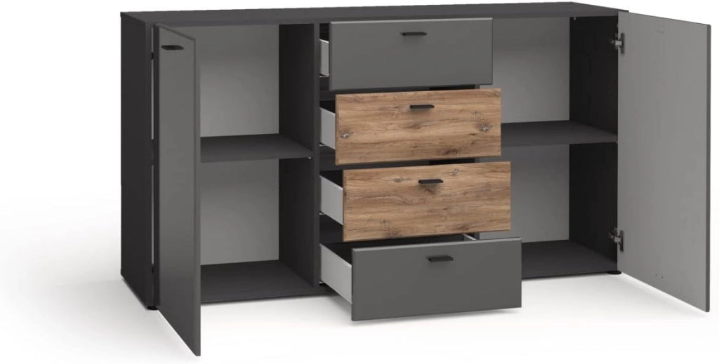 Mobile Comò soggiorno Mila buffet con 2A 4C cm150x40x81h  grafite opaca rovere