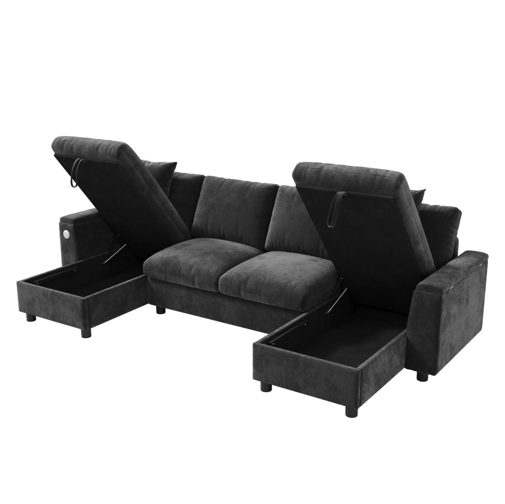Divano a U in ciniglia con chaise longue contenitore; USB e Type-C; 279×135×84 cm; grigio